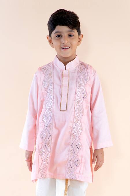 Shop_Lil Angels_Pink Cotton, Silk Mirrors Embroidered Kurta Set _Online_at_Aza_Fashions