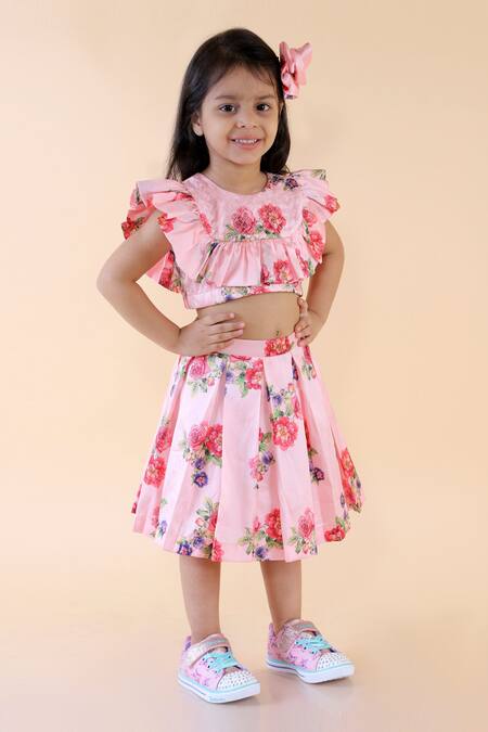 Lil Angels_Pink Satin, Silk Printed Skirt Set _Online_at_Aza_Fashions