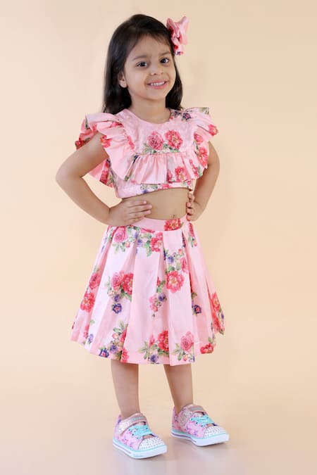 Buy_Lil Angels_Pink Satin, Silk Printed Skirt Set _Online_at_Aza_Fashions