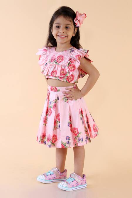 Shop_Lil Angels_Pink Satin, Silk Printed Skirt Set _Online_at_Aza_Fashions