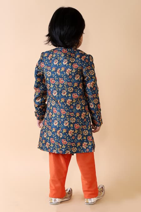 Shop Lil Angels Blue Cotton, Silk Embroidery Handloom Linen Sherwani Set at Aza Fashions Shop_Lil Angels_Blue Cotton, Silk Embroidery Handloom Linen Sherwani Set _at_Aza_Fashions