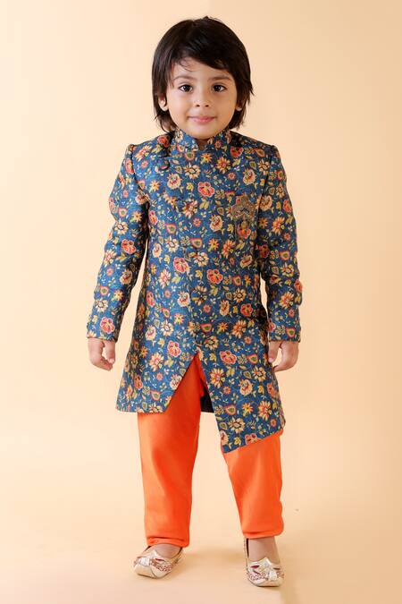 Buy Lil Angels Blue Cotton, Silk Embroidery Handloom Linen Sherwani Set Online at Aza Fashions Buy_Lil Angels_Blue Cotton, Silk Embroidery Handloom Linen Sherwani Set _Online_at_Aza_Fashions