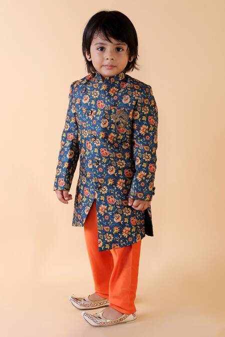 Shop Lil Angels Blue Cotton, Silk Embroidery Handloom Linen Sherwani Set Online at Aza Fashions Shop_Lil Angels_Blue Cotton, Silk Embroidery Handloom Linen Sherwani Set _Online_at_Aza_Fashions