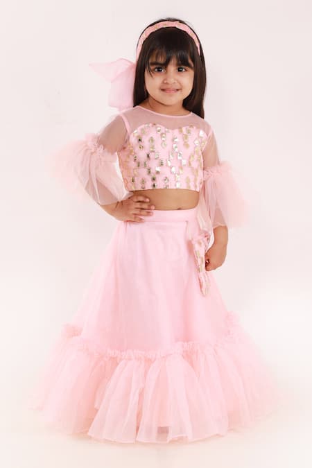 Lil Angels_Pink Organza, Silk, Net Sequins, Embroidery Lehenga Set _Online_at_Aza_Fashions