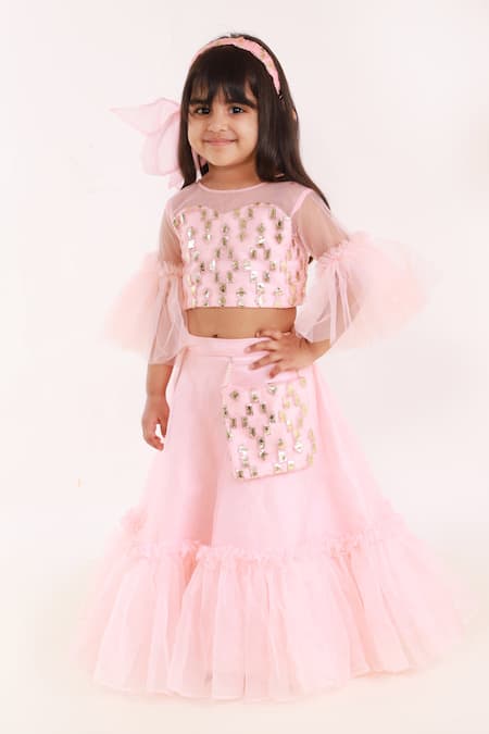 Buy_Lil Angels_Pink Organza, Silk, Net Sequins, Embroidery Lehenga Set _Online_at_Aza_Fashions