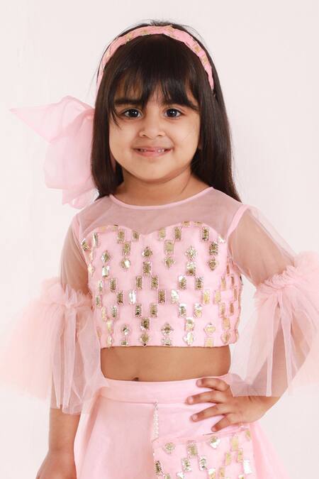 Buy Pink Dupion Silk Embroidered Lehenga Set For Girls by Lil 