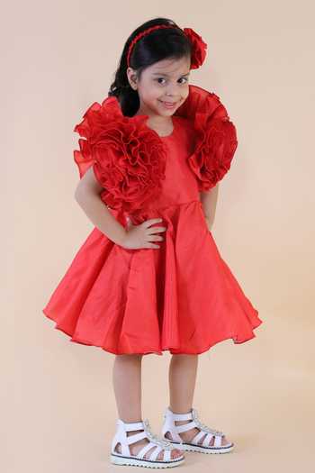 Lil Angels_Red Samu Silk Ruffle Dress_Online_at_Aza_Fashions