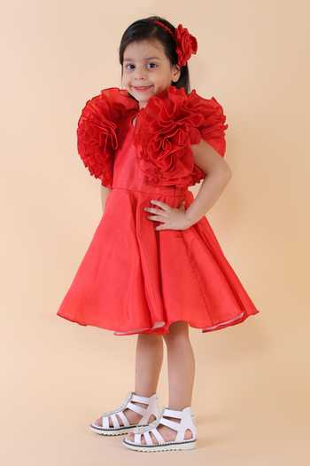 Buy_Lil Angels_Red Samu Silk Ruffle Dress_Online_at_Aza_Fashions