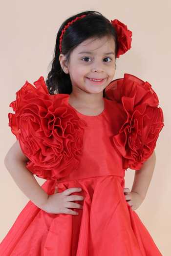 Shop_Lil Angels_Red Samu Silk Ruffle Dress_Online_at_Aza_Fashions
