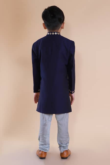 Shop Lil Angels Blue Cotton, Silk Embroidery Ikat Sherwani Set at Aza Fashions Shop_Lil Angels_Blue Cotton, Silk Embroidery Ikat Sherwani Set _at_Aza_Fashions