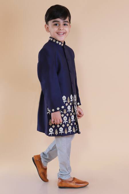 Lil Angels Blue Cotton, Silk Embroidery Ikat Sherwani Set Online at Aza Fashions Lil Angels_Blue Cotton, Silk Embroidery Ikat Sherwani Set _Online_at_Aza_Fashions