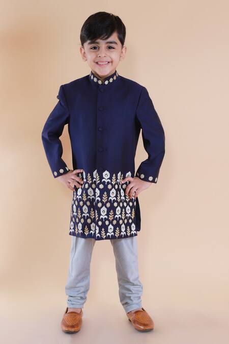 Buy Lil Angels Blue Cotton, Silk Embroidery Ikat Sherwani Set Online at Aza Fashions Buy_Lil Angels_Blue Cotton, Silk Embroidery Ikat Sherwani Set _Online_at_Aza_Fashions