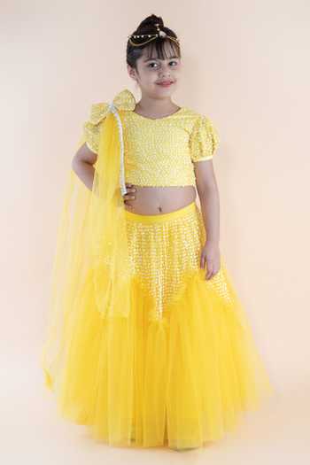 Buy_Lil Angels_Yellow Net, Silk Sequins Embroidered Lehenga Set _Online_at_Aza_Fashions