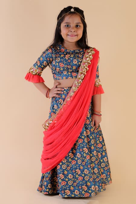 Lil Angels Handloom Cotton Linen Printed Lehenga Set 