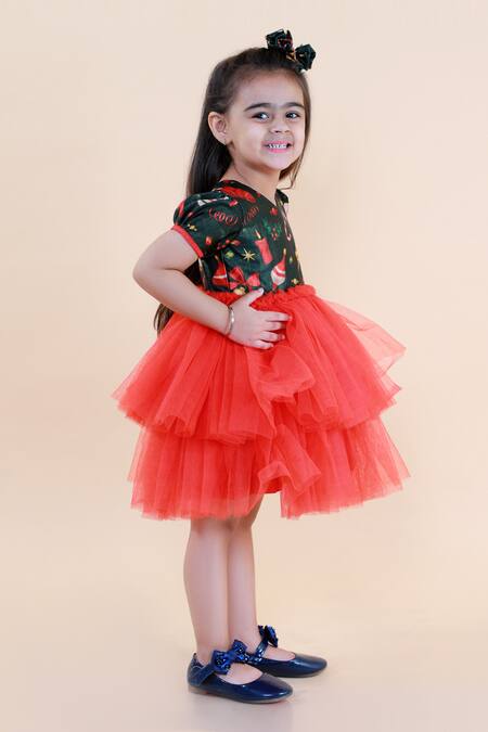 Lil Angels_Red Silk, Net Printed Dress _Online_at_Aza_Fashions