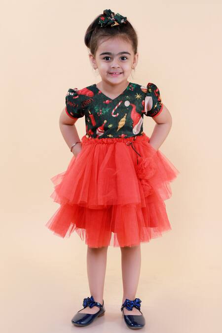 Buy_Lil Angels_Red Silk, Net Printed Dress _Online_at_Aza_Fashions