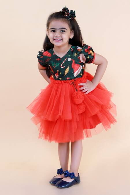 Shop_Lil Angels_Red Silk, Net Printed Dress _Online_at_Aza_Fashions