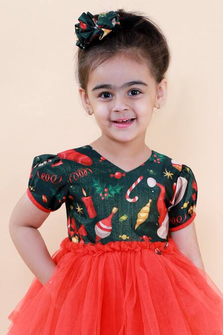 Lil Angels_Red Silk, Net Printed Dress _at_Aza_Fashions