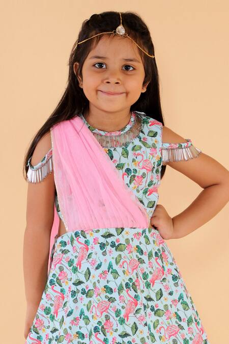 Lil Angels_Blue Crepe Tassels Printed Gown _at_Aza_Fashions