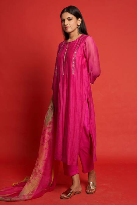 Shop Priti Prashant Pink Cotton Mul And Sheer Thread Lily Bodice Embroidered Kurta Pant Set Online at Aza Fashions Shop_Priti Prashant_Pink Cotton Mul And Sheer Thread Lily Bodice Embroidered Kurta Pant Set _Online_at_Aza_Fashions