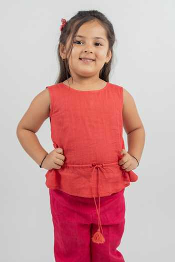 MR Brat_Pink Linen Tassels Sleeveless Top And Pant Set _Online_at_Aza_Fashions