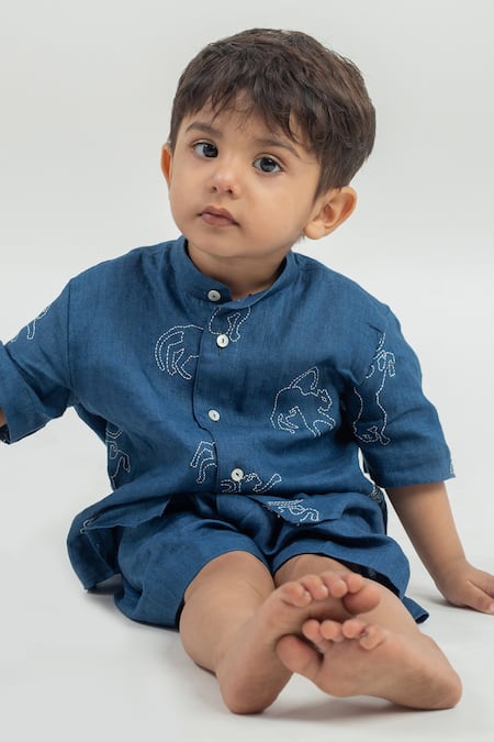 MR Brat_Blue Linen Embroidery Printed Shirt And Shorts Set _Online_at_Aza_Fashions