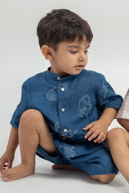 Buy_MR Brat_Blue Linen Embroidery Printed Shirt And Shorts Set _Online_at_Aza_Fashions