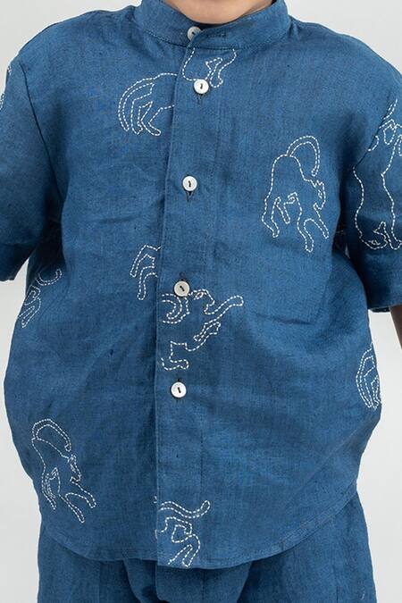 Shop_MR Brat_Blue Linen Embroidery Printed Shirt And Shorts Set _Online_at_Aza_Fashions