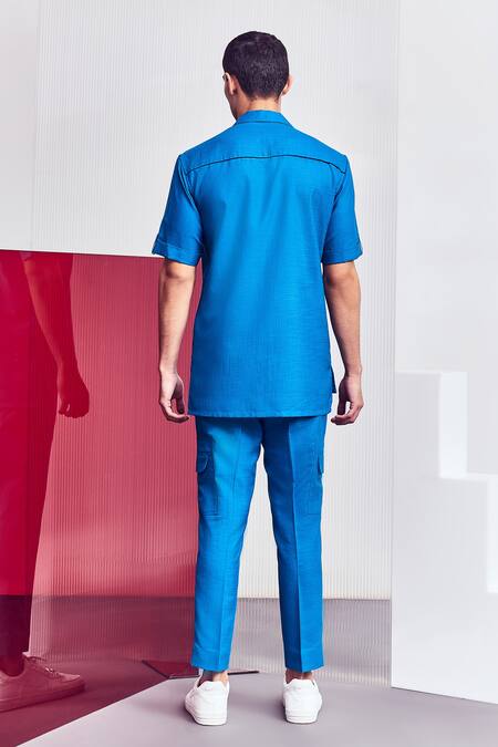 Shop Line Out Line Blue Cotton Poly Blend Notched Collar Shirt at Aza Fashions Shop_Line Out Line_Blue Cotton Poly Blend Notched Collar Shirt_at_Aza_Fashions