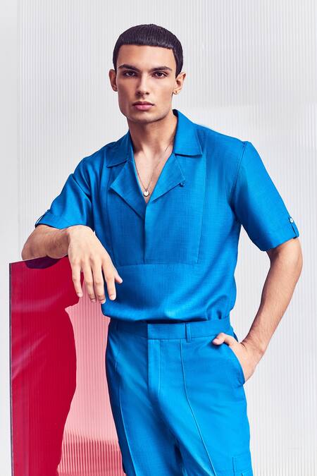 Line Out Line Blue Cotton Poly Blend Notched Collar Shirt Online at Aza Fashions Line Out Line_Blue Cotton Poly Blend Notched Collar Shirt_Online_at_Aza_Fashions