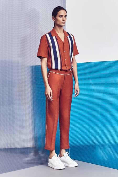 Line Out Line_Brown Cotton Poly Blend Stripes Panelled Half Sleeve Shirt_Online_at_Aza_Fashions