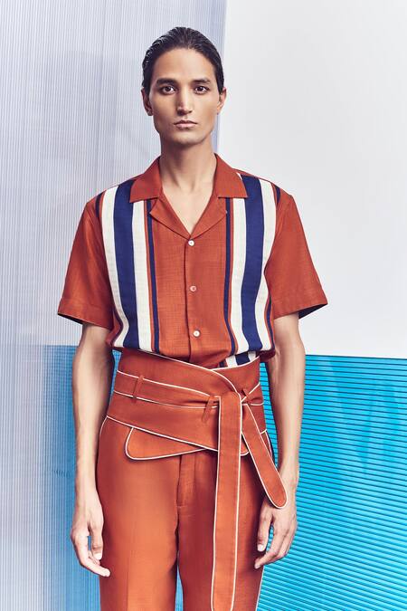 Buy_Line Out Line_Brown Cotton Poly Blend Stripes Panelled Half Sleeve Shirt_Online_at_Aza_Fashions