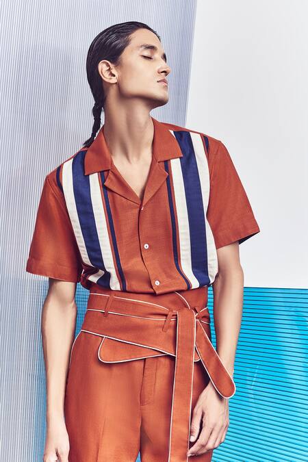 Shop_Line Out Line_Brown Cotton Poly Blend Stripes Panelled Half Sleeve Shirt_Online_at_Aza_Fashions