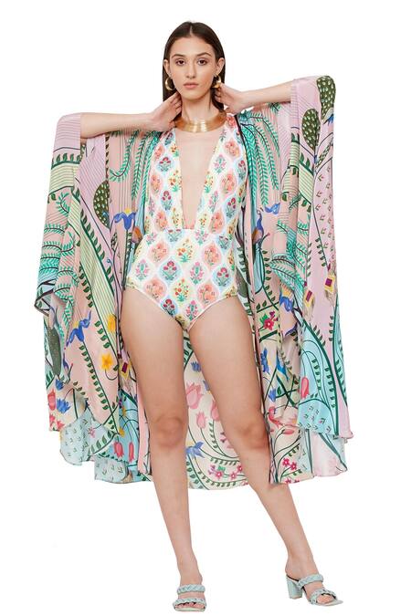 Limerick By Abirr N' Nanki_Blue Crepe Miniature Paintings Of Rajasthan Open Lisa Front Cape_Online_at_Aza_Fashions