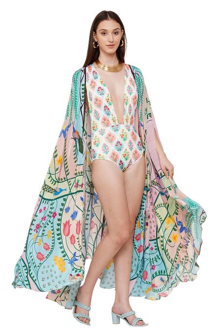 Buy_Limerick By Abirr N' Nanki_Blue Crepe Miniature Paintings Of Rajasthan Open Lisa Front Cape_Online_at_Aza_Fashions