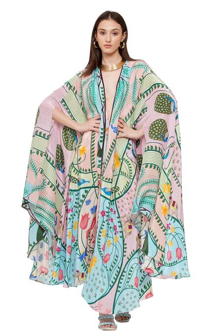 Shop_Limerick By Abirr N' Nanki_Blue Crepe Miniature Paintings Of Rajasthan Open Lisa Front Cape_Online_at_Aza_Fashions