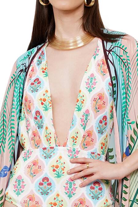 Limerick By Abirr N' Nanki_Blue Crepe Miniature Paintings Of Rajasthan Open Lisa Front Cape_at_Aza_Fashions