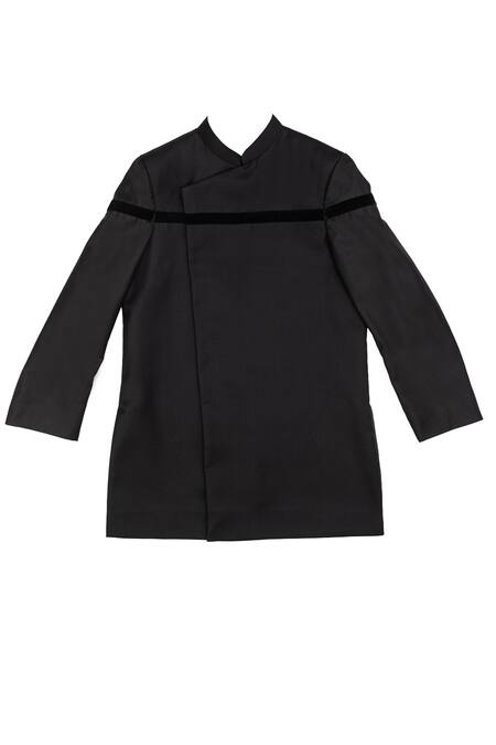 Little Stars_Black Velvet, Suiting Fabric Panelled Angrakha Style Sherwani And Pant Set_Online_at_Aza_Fashions