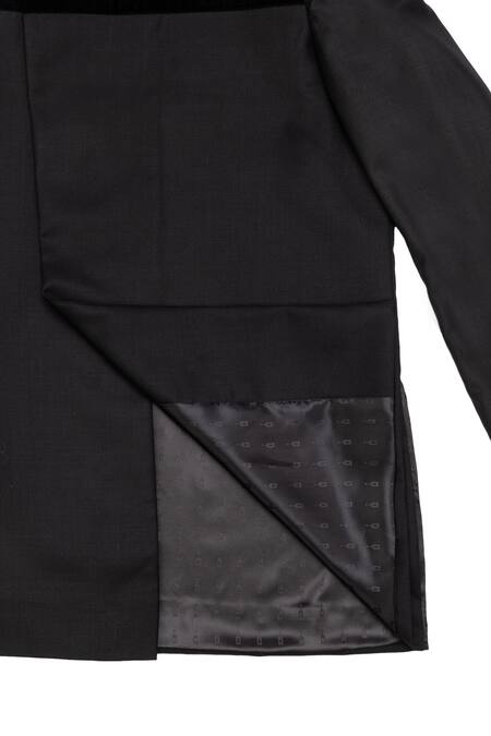 Shop_Little Stars_Black Velvet, Suiting Fabric Panelled Angrakha Style Sherwani And Pant Set_Online_at_Aza_Fashions