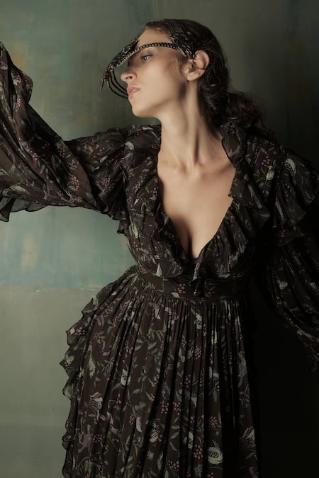 Nidhi Yasha_Black Viscose Printed V Neck Ruffle Dress  _Online_at_Aza_Fashions