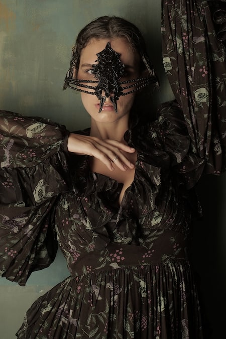 Buy_Nidhi Yasha_Black Viscose Printed V Neck Ruffle Dress  _Online_at_Aza_Fashions