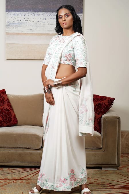 Shop_Shloka Sudhakar_White Chinnon Crepe Silk Round Embroidered Saree With Blouse _at_Aza_Fashions