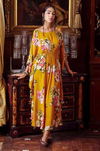 Kalista_Orange Crepe Floral Motifs Boat Neck Ezrine Print Kaftan _Online_at_Aza_Fashions