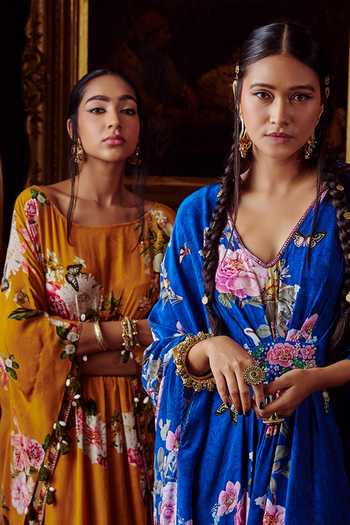 Buy_Kalista_Orange Crepe Floral Motifs Boat Neck Ezrine Print Kaftan _Online_at_Aza_Fashions