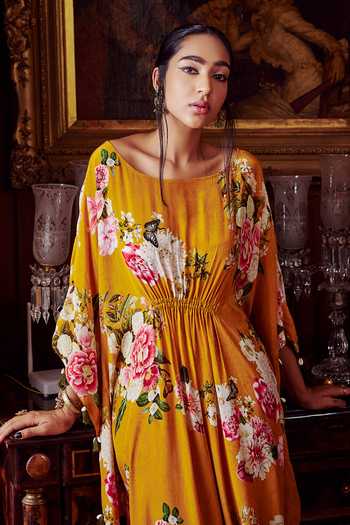 Shop_Kalista_Orange Crepe Floral Motifs Boat Neck Ezrine Print Kaftan _Online_at_Aza_Fashions
