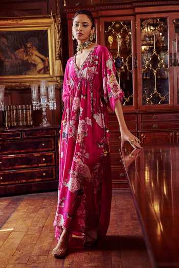 Kalista Magenta Crepe Bead Work, Floral Motifs V Neck Debina Print Kaftan Online at Aza Fashions Kalista_Magenta Crepe Bead Work, Floral Motifs V Neck Debina Print Kaftan _Online_at_Aza_Fashions