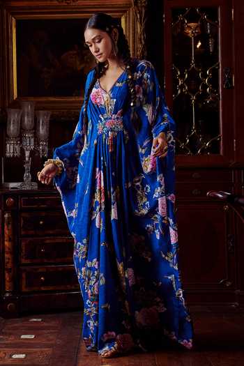 Kalista Blue Crepe Floral Motifs V Neck Fiona Print Kaftan Online at Aza Fashions Kalista_Blue Crepe Floral Motifs V Neck Fiona Print Kaftan _Online_at_Aza_Fashions