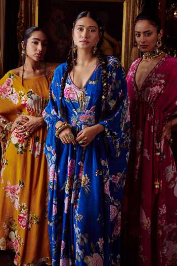 Shop Kalista Blue Crepe Floral Motifs V Neck Fiona Print Kaftan Online at Aza Fashions Shop_Kalista_Blue Crepe Floral Motifs V Neck Fiona Print Kaftan _Online_at_Aza_Fashions