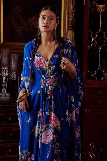 Kalista Blue Crepe Floral Motifs V Neck Fiona Print Kaftan at Aza Fashions Kalista_Blue Crepe Floral Motifs V Neck Fiona Print Kaftan _at_Aza_Fashions