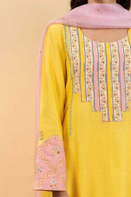 Pita Nila_Yellow Chanderi, Kota Doria Embroidery Round Neck Kira A-line Kurta Set _Online_at_Aza_Fashions